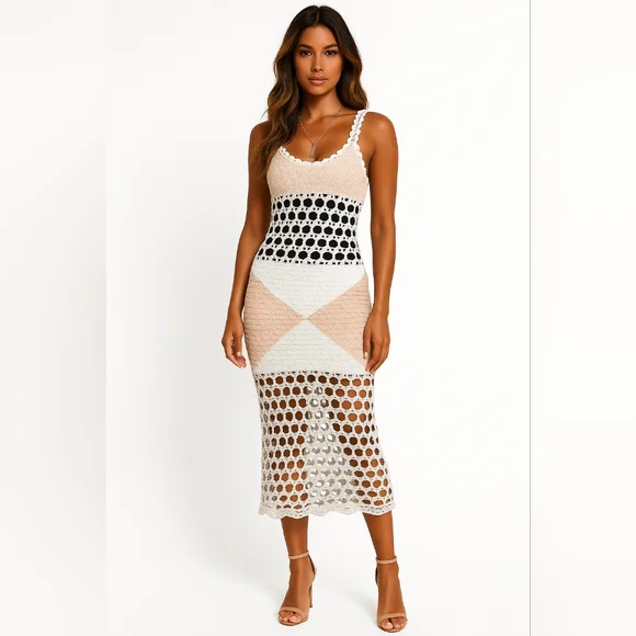 HANDCRAFTED Crochet Macrame Knit Dress Festival Midaxi Swim Cover Cream Tan S 4 - Picture 10 of 11
